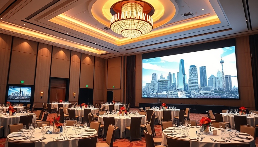 Banquet hall for local retail delivery partnership event with projection screen and tables.