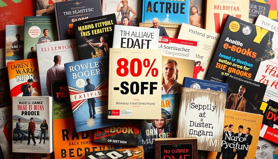 Amazon e-books up to 80% off, book cover collage.