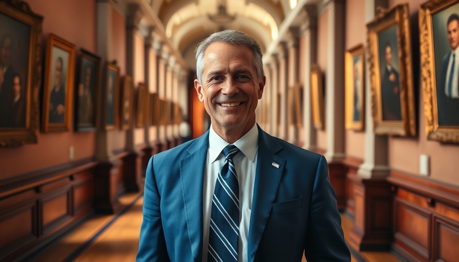 Confident man in blue suit smiling in a classic hallway.