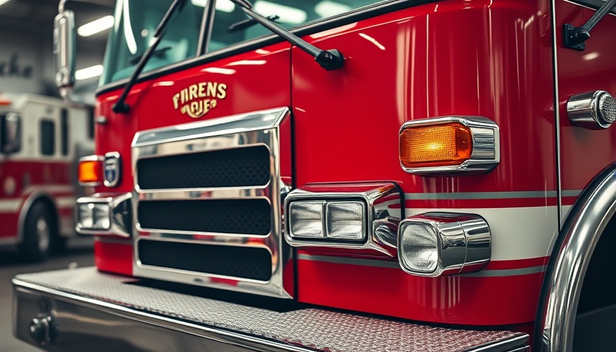 Close-up of a fire truck in a dimly lit station.
