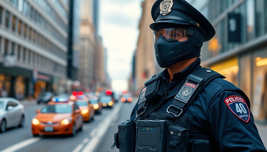 Police officer with body camera in urban environment