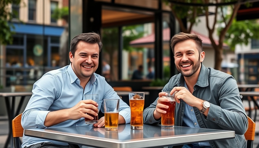 Two men enjoying drinks at an outdoor cafe, private customer feedback app concept.