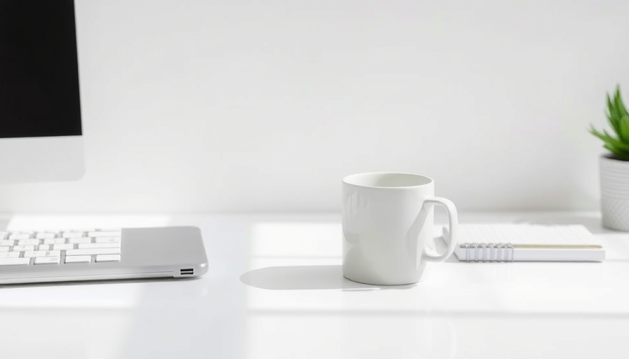 Minimalist workspace with white mug on desk, isolated background.