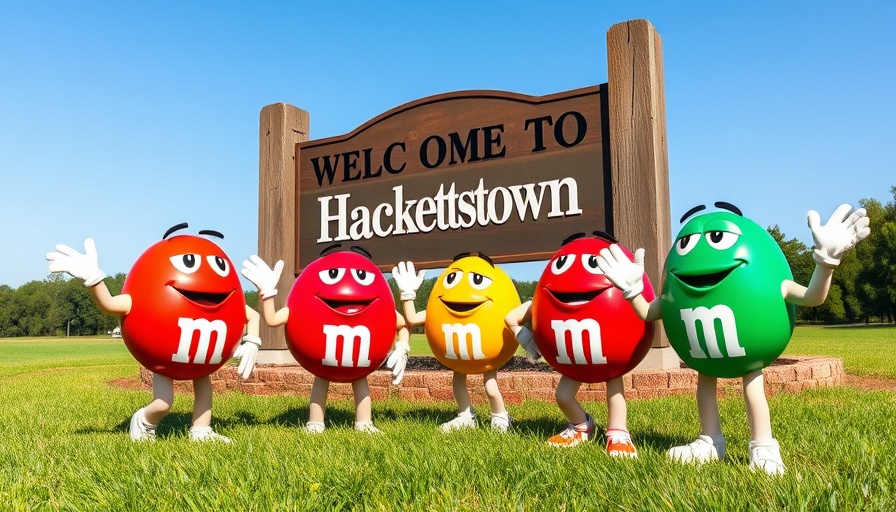 Welcome to Hackettstown sign with M&M characters, sunny day for Summer Sale Luau Hackettstown