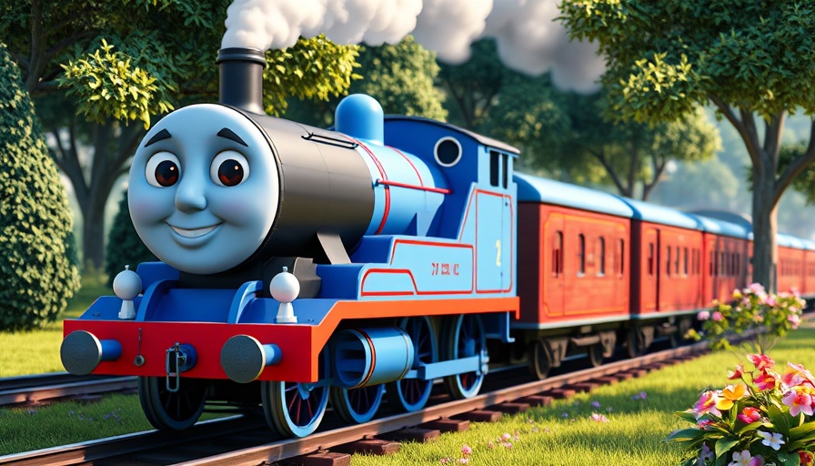 Thomas the Tank Engine in Phillipsburg, animated scene with lush greenery.