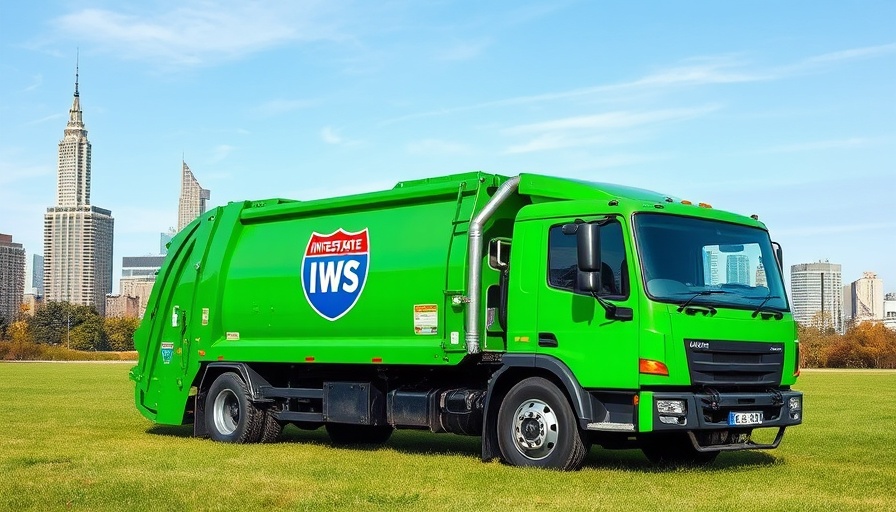Green Interstate IWS waste truck parked with city skyline in background.