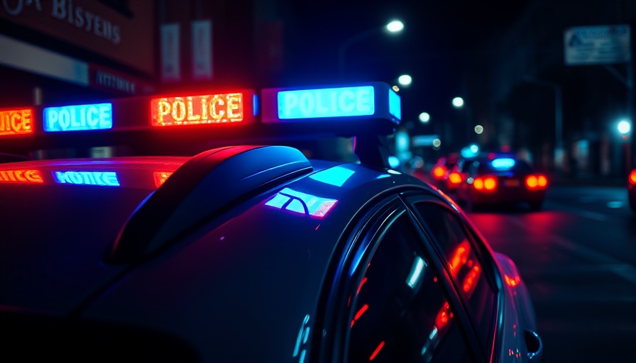 Police car at night with flashing lights and news overlay.