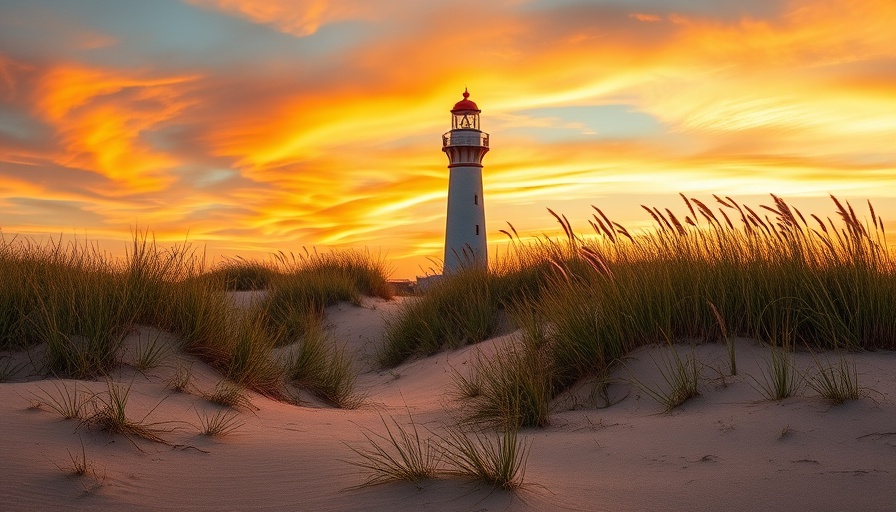 New Jersey lighthouse at sunset with dunes and grasses.