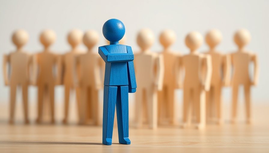 Blue figurine stands out among neutral figurines symbolizing leadership.