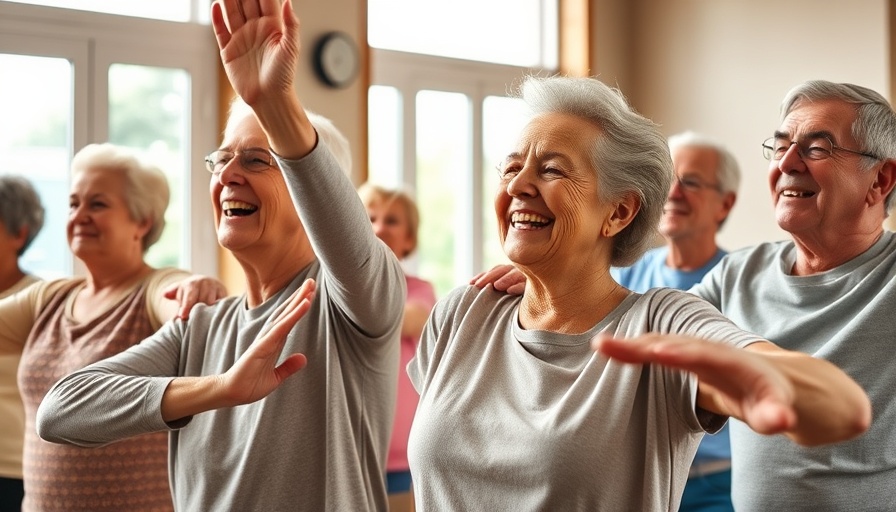 Seniors stretching in a bright room, promoting fall prevention exercises.