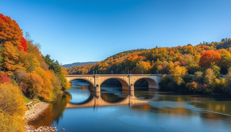 Aerial view of Uhlerstown-Frenchtown Bridge amidst autumn foliage.
