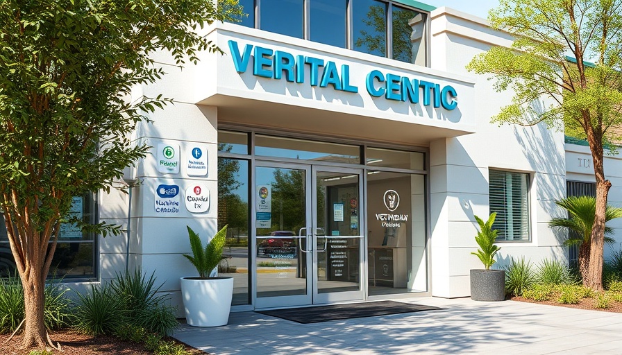 Modern veterinary clinic exterior, sunny day, Sussex County