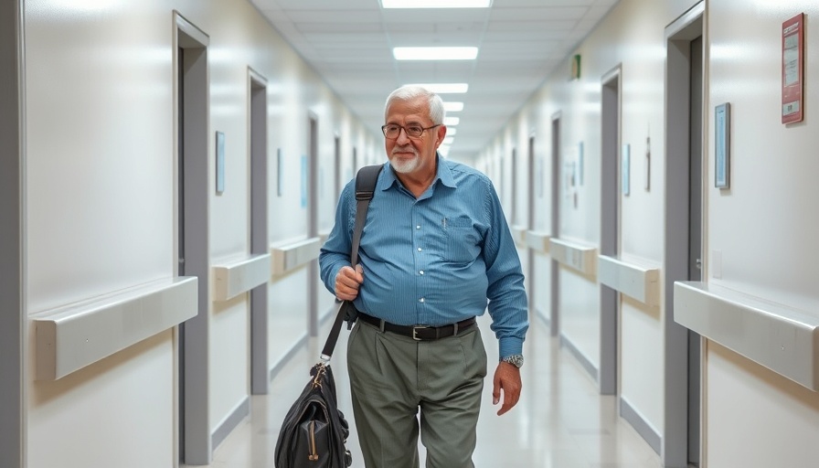Elderly man leaving hospital against medical advice in hallway.