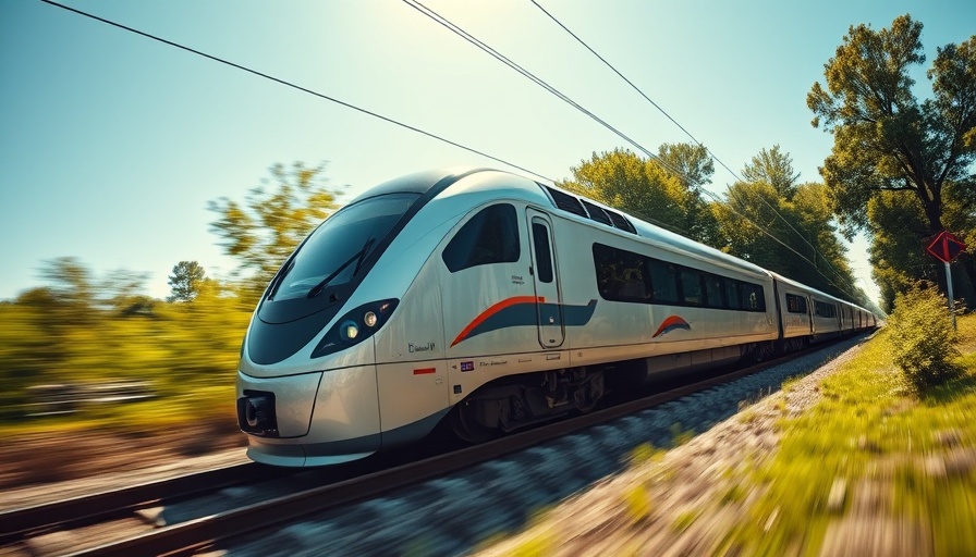Modern train in New Jersey Jersey Journeys campaign traversing green landscape.