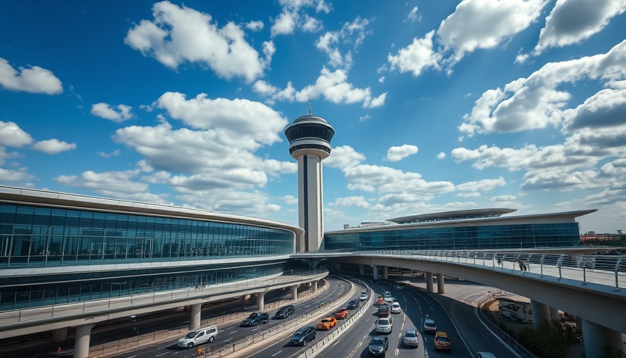 Modern airport terminal with control tower under a blue sky.