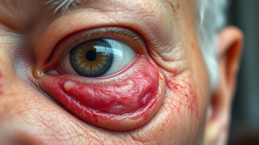 Close-up of an inflamed eye, highlighting the importance of vaccination for heart health.