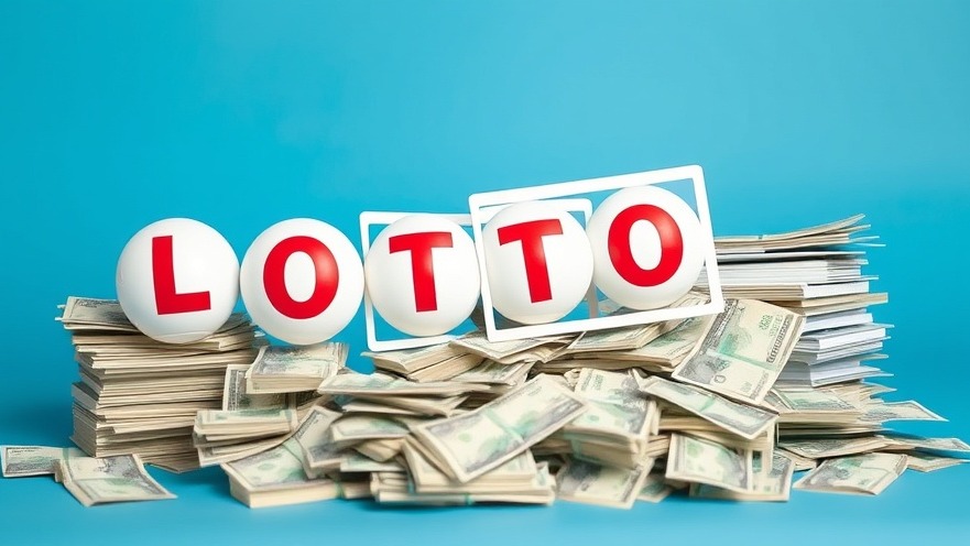Declining lotto sales trends with piles of paper money on a blue background.