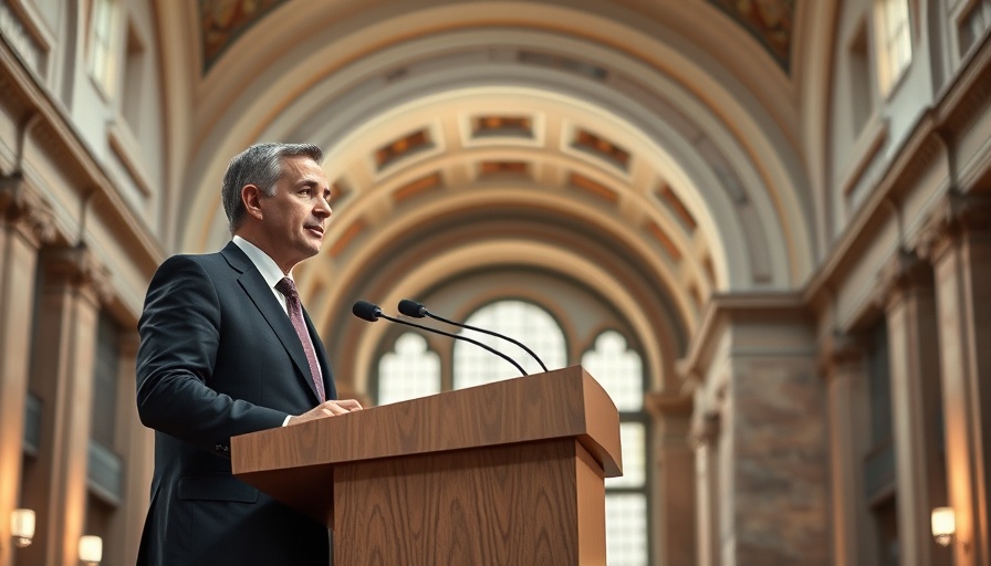 New York City values expressed by a speaker in an architectural setting.