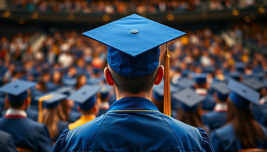 Graduate in blue cap with decorated cap, symbolizing resilience.