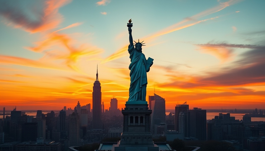 Statue of Liberty with New York skyline at sunset, symbolic view.