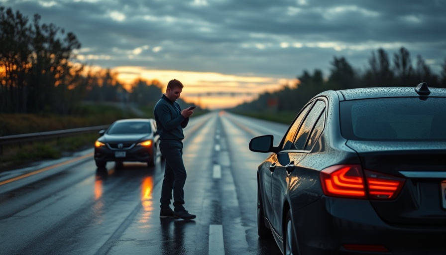 Concerned driver checking phone by car accident on rainy highway