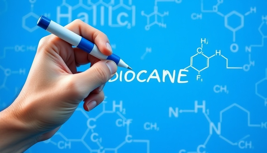 Hand drawing lidocaine chemical structure on blue background