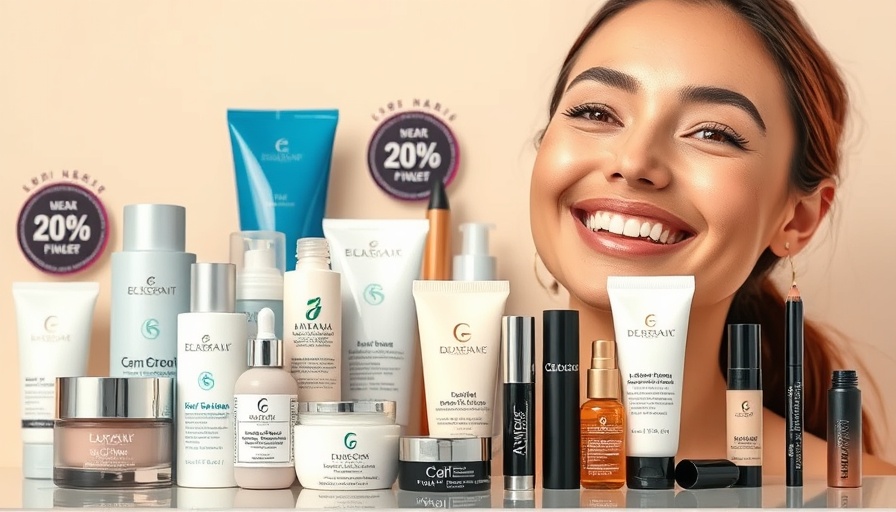 Prime Day beauty deals: array of skincare and makeup items with a smiling woman.