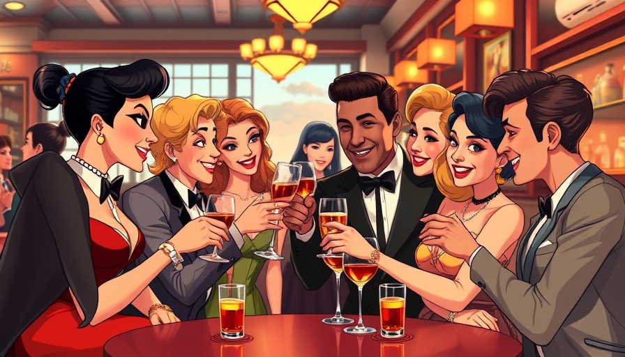 Stylish group toasting at Society Swan Scottsdale opening, retro-chic style.