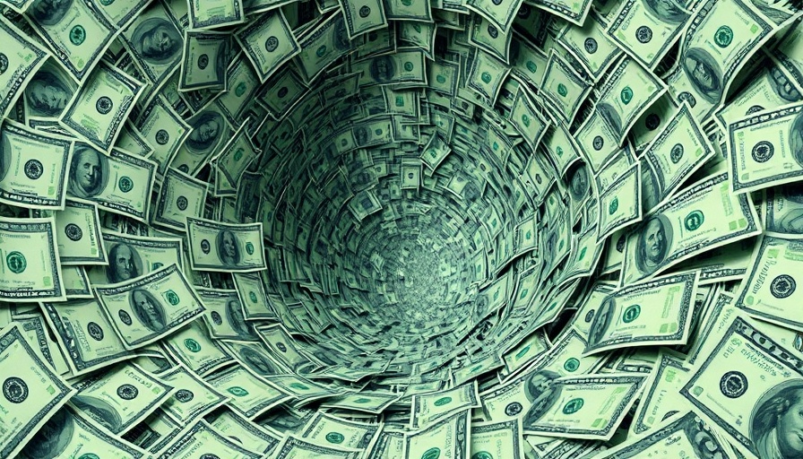 Swirling vortex of dollar bills symbolizing Michigan cannabis tax lawsuit turmoil.