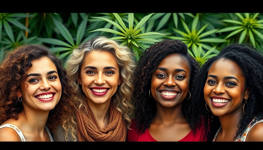 Diverse women in cannabis industry, smiling, green leaf backdrop.