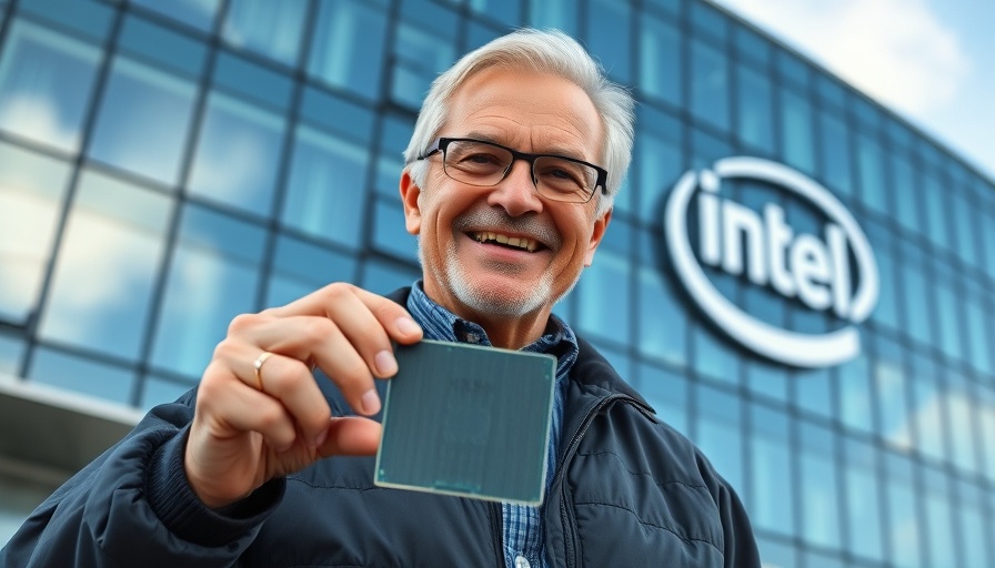 Man holding silicon wafer in front of Intel building showcasing next-gen chips.