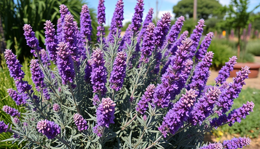 Vibrant Texas Sage bush with purple blooms in lush garden.