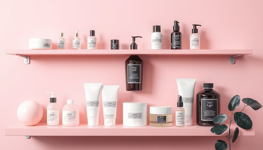 Elegantly displayed spa products on a pink shelf in minimalistic style.