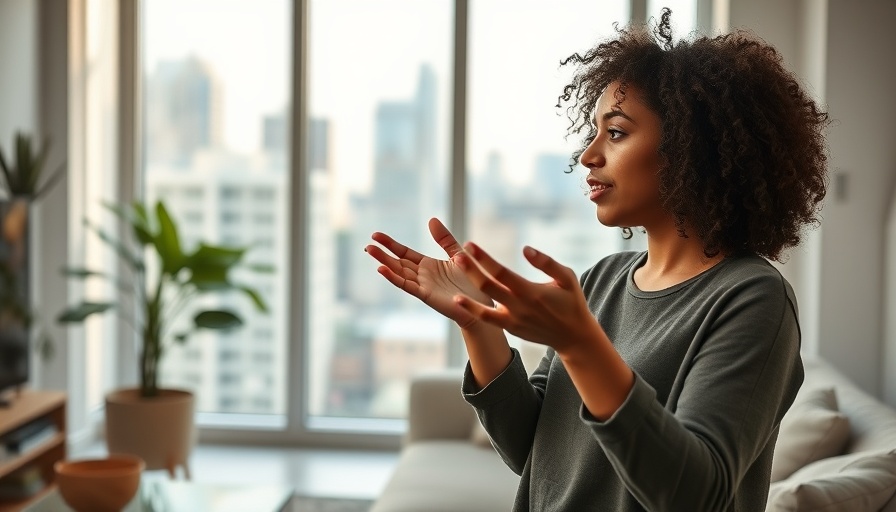 Woman using hands while speaking in a bright room.