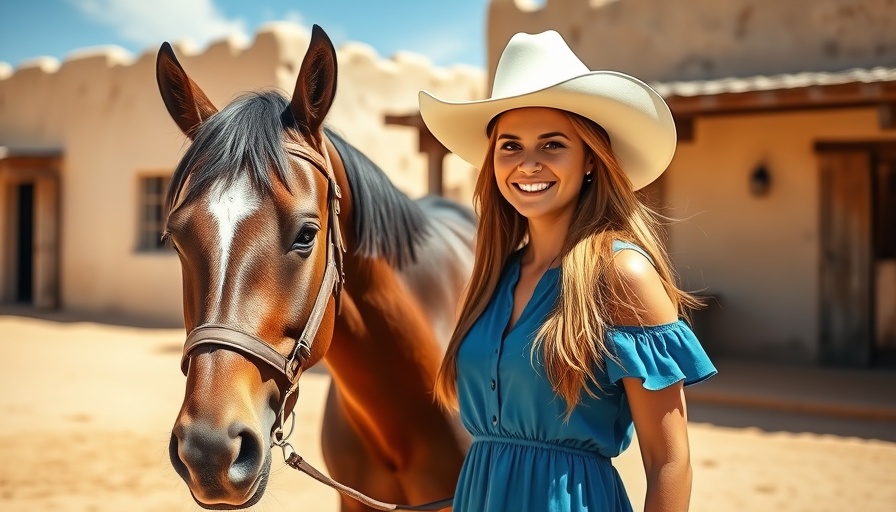 Smiling woman with hat beside horse near Arizona ranch.