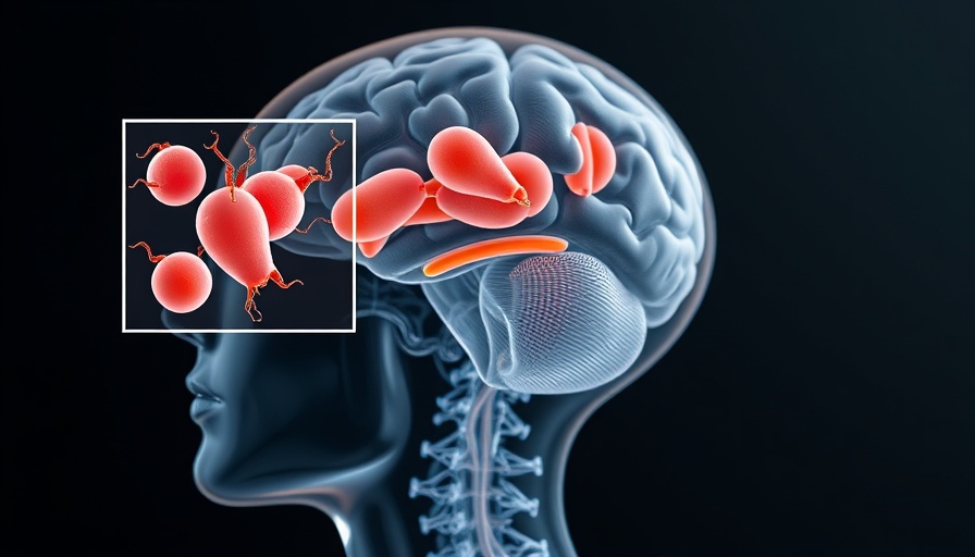 Illustration of Amoebic Meningoencephalitis with brain and amoebas.