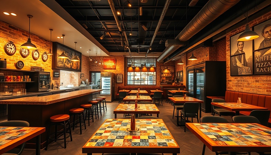 Modern interior of Federal Pizza Paradise Valley with colorful tables.