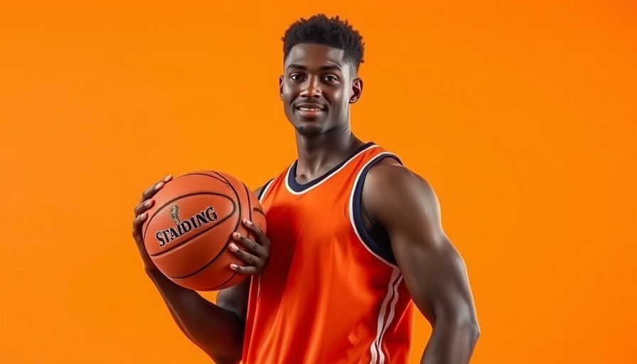 Athletic player holding basketball, orange studio backdrop