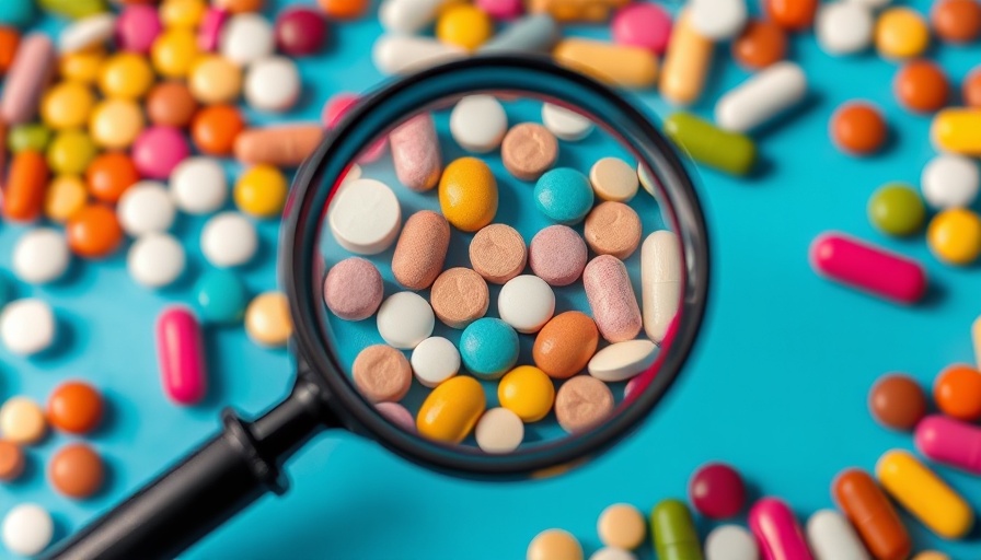 Colorful pills scattered with magnifying glass highlight.