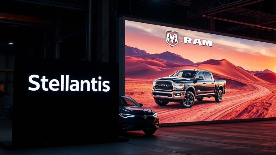 Automotive display featuring Stellantis logo and Ram trucks banner, Dodge Dart recall safety hazard.