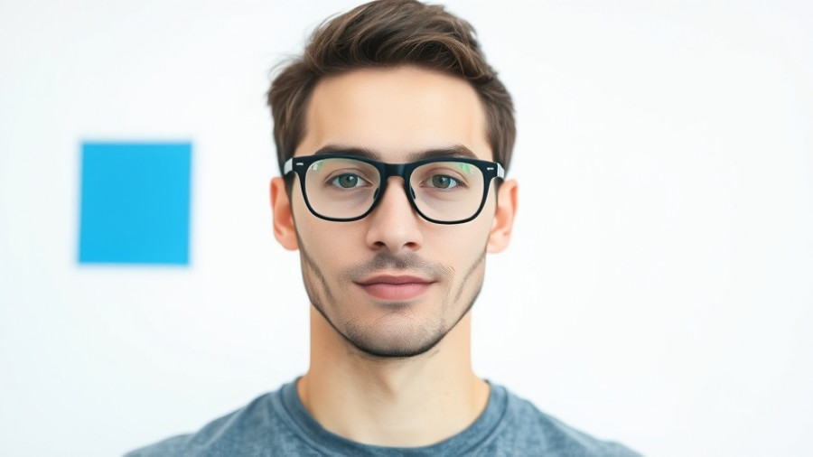 Young adult male posing confidently against a plain backdrop with a blue square.