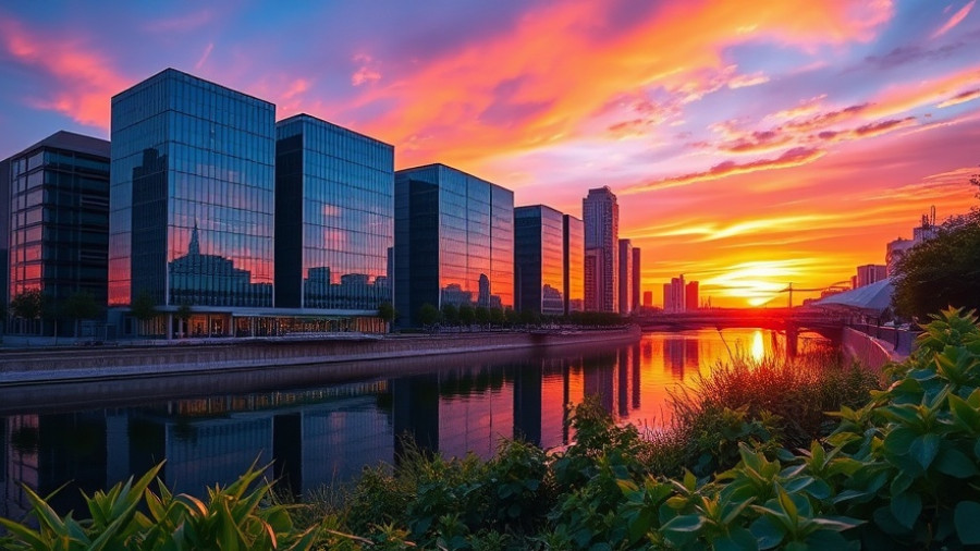 Secondary HQ in Tempe at sunset with glass buildings reflected in river.