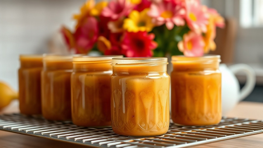 Low sugar pear butter jars on a cooling rack with flowers in background.