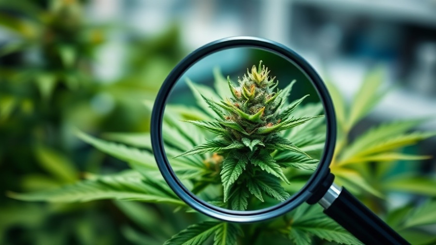 Close-up of cannabis plant through magnifying glass, showcasing buds and leaves.