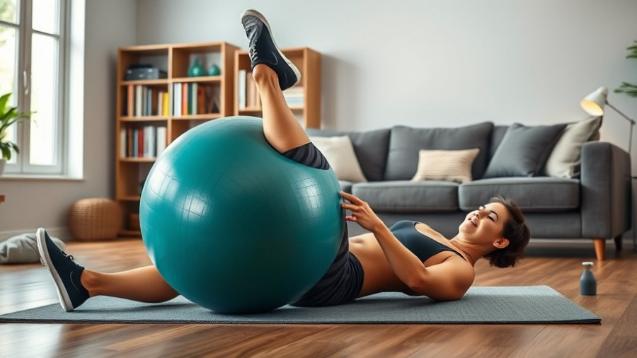 Woman doing 20-minute core workout with an exercise ball in a living room.