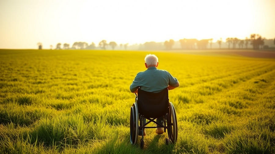 Serene pastoral scene with caregiver and senior in wheelchair enjoying nature, highlighting in-home care and therapy.