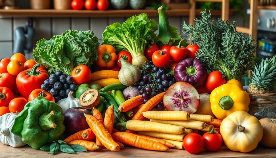 Healthy meal preparation with fresh fruits and vegetables on a table.