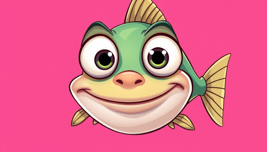 Funny cartoon salmon with exaggerated eyes on pink background