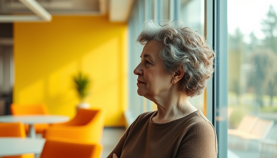 Older woman contemplating by window, modern office setting, menopause and mental health.