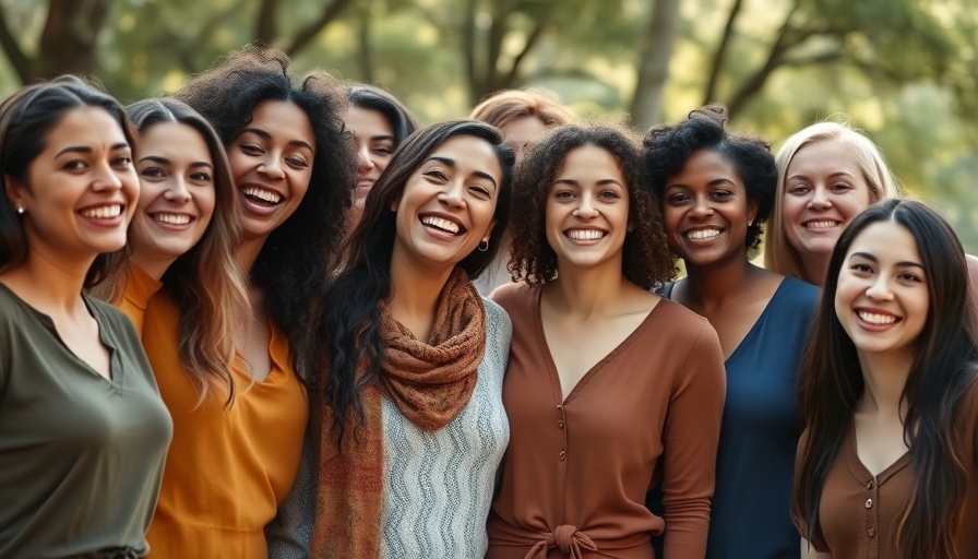 Group of diverse women smiling outdoors representing community support during menopause.
